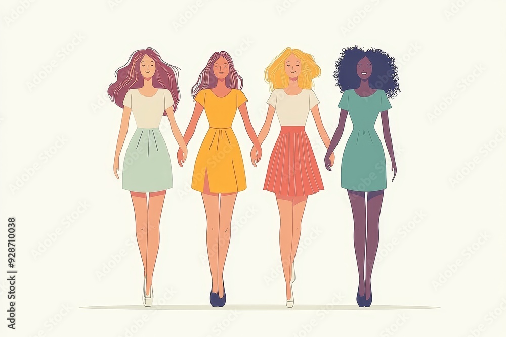Women can do it. Four female characters walk up together and hold arms. Girls support each other. Friendship poster, the union of feminists and sisterhood. AI Women can do it. Four female characters walk up together and hold arms. Girls support each other. Friendship poster, the union of feminists and sisterhood. AI