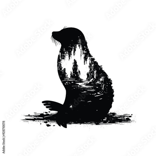 silhouette of Seal posefilled with destroyed futuristic dystopia environment in rough drawing,