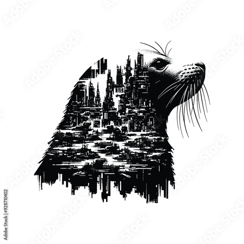 silhouette of Seal filled with destroyed futuristic dystopia environment in rough drawing,