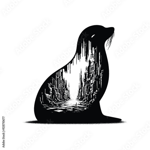 silhouette of Seal posefilled with destroyed futuristic dystopia environment in rough drawing,