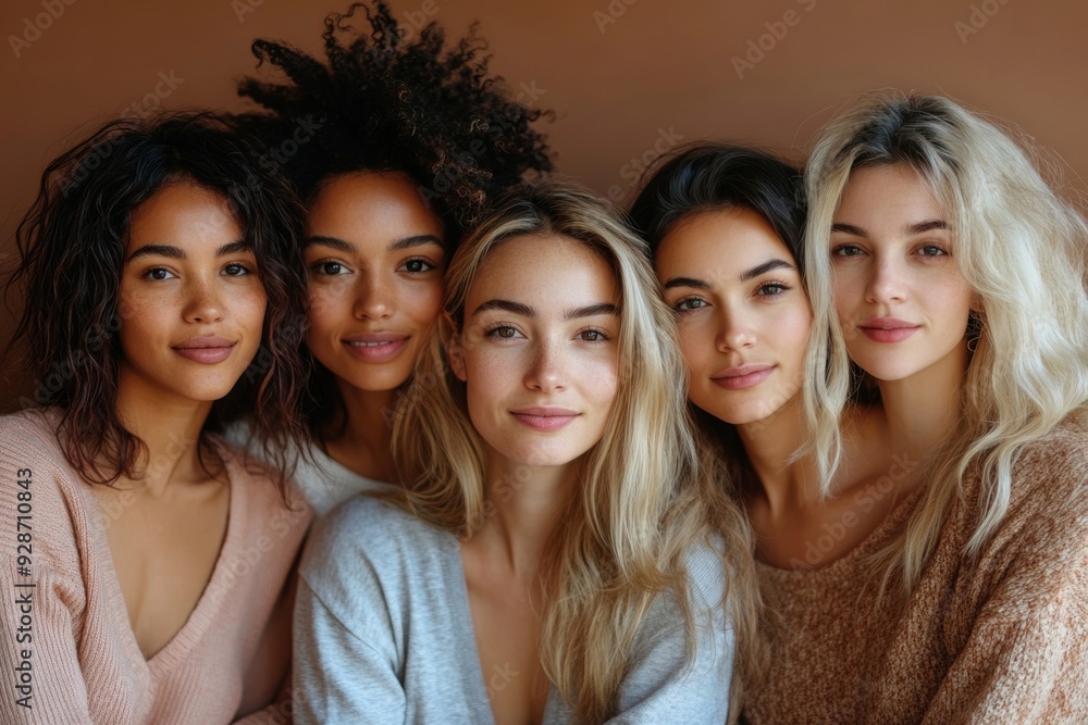 Diverse women in casuals sitting on brown background. Multi-ethnic group of females looking at camera in studio, Generative AI Diverse women in casuals sitting on brown background. Multi-ethnic group of females looking at camera in studio, Generative AI