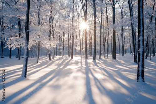 Sunlit Snow-Covered Forest With Long Shadows photo