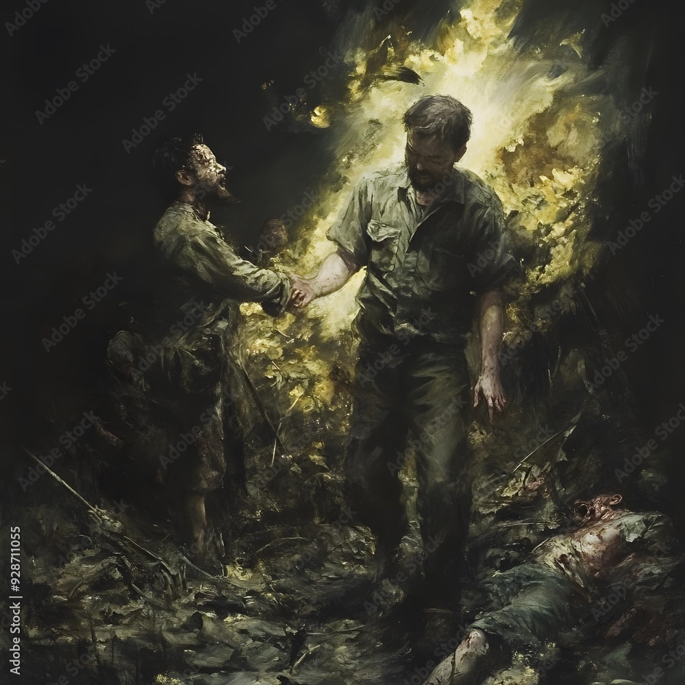 Fototapeta premium The Two Soldiers Walking Through The Battlefield