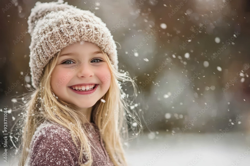 A Smiling Girl in a Knit Hat with Snow Falling Around Her A Smiling Girl in a Knit Hat with Snow Falling Around Her