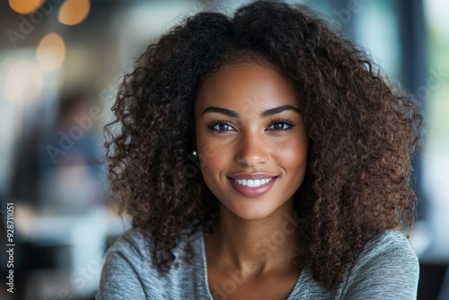 Smiling young African American businesswoman working in an offic, Generative AI