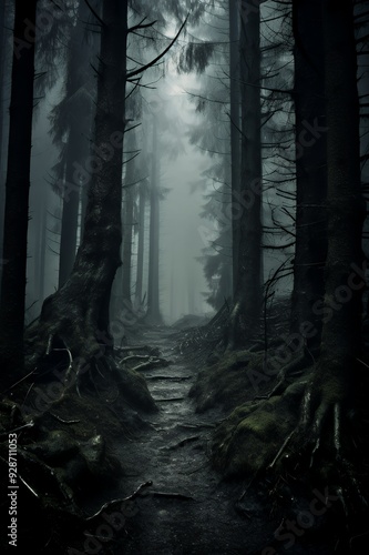 A dark and mysterious path winds through a thick forest shrouded in fog. The path is lined with large trees, their roots exposed and gnarled, and the air is thick with mist.