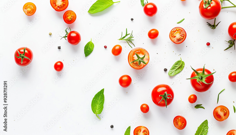 Fresh cherry tomatoes and slices on white background Fresh cherry tomatoes and slices on white background