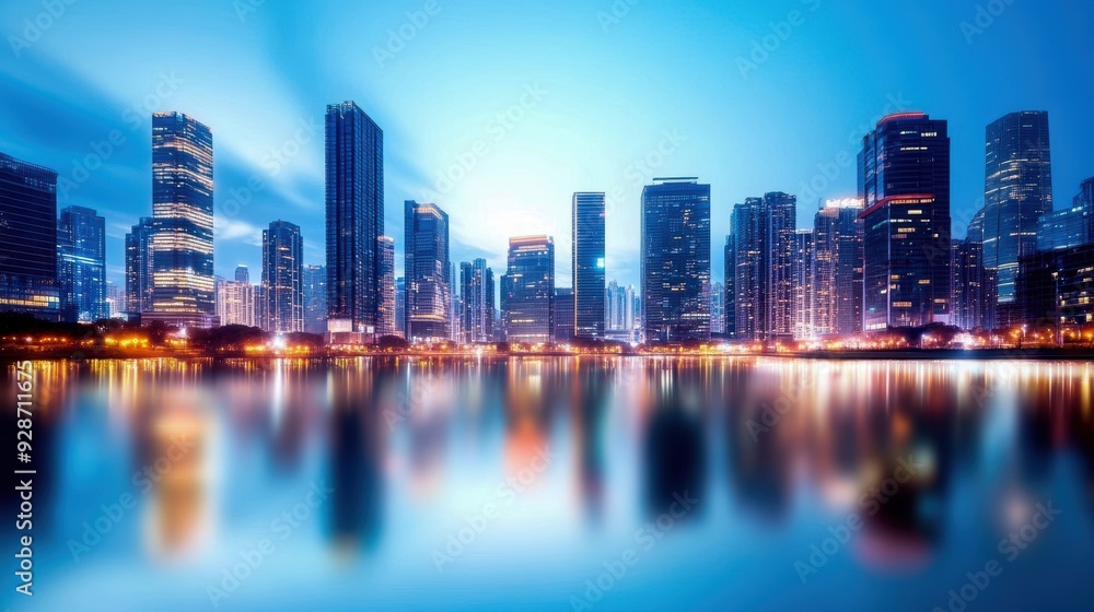 Fototapeta premium Stunning city skyline at dusk, showcasing vibrant buildings reflected in calm water, creating a serene urban atmosphere.
