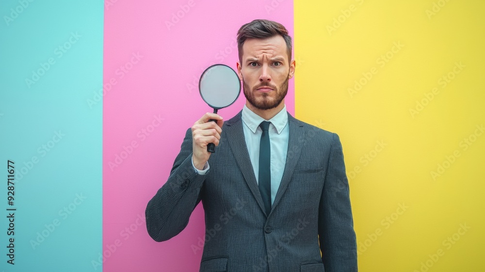 Businessman Holding Magnifying Glass Against Colorful Background Businessman Holding Magnifying Glass Against Colorful Background