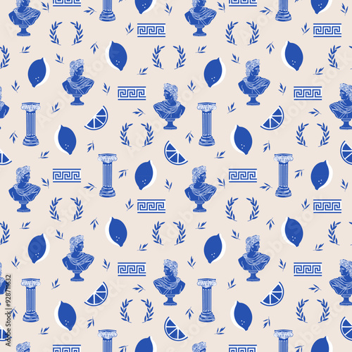 Seamless Greek vase pattern with blue amphoras and leaves on a neutral background for textiles or wallpaper. This classical design adds a touch of ancient Mediterranean elegance to any decor