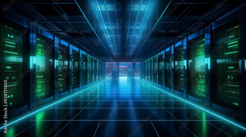 A server room with rows of servers lit by blue lights and a view of a city skyline through a window. A server room with rows of servers lit by blue lights and a view of a city skyline through a window.