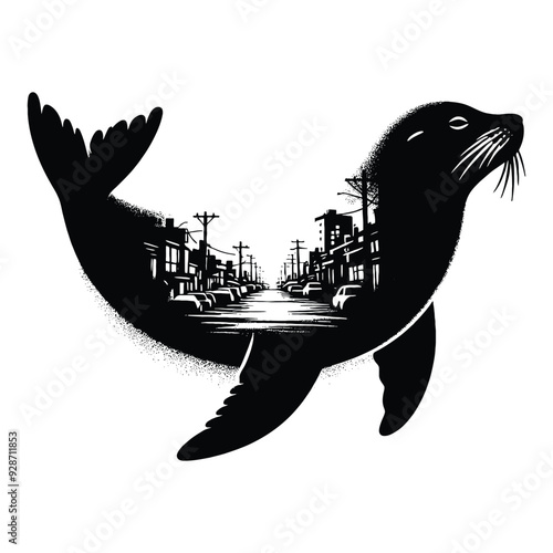 silhouette of Seal filled with ghetto street in rough drawing,