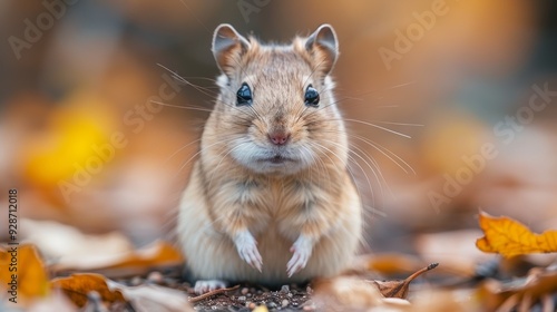 A close-up photograph of a small rodent standing on its hind legs amidst a background of autumn leaves, showcasing its detailed fur and whiskers as it appears to observe its surroundings