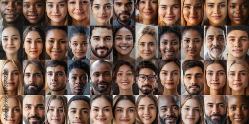 Large collage, portrait of multiracial smiling different business people. A lot of happy modern people faces in mosaic collection. Successful business, team, career, diversity, Generative AI