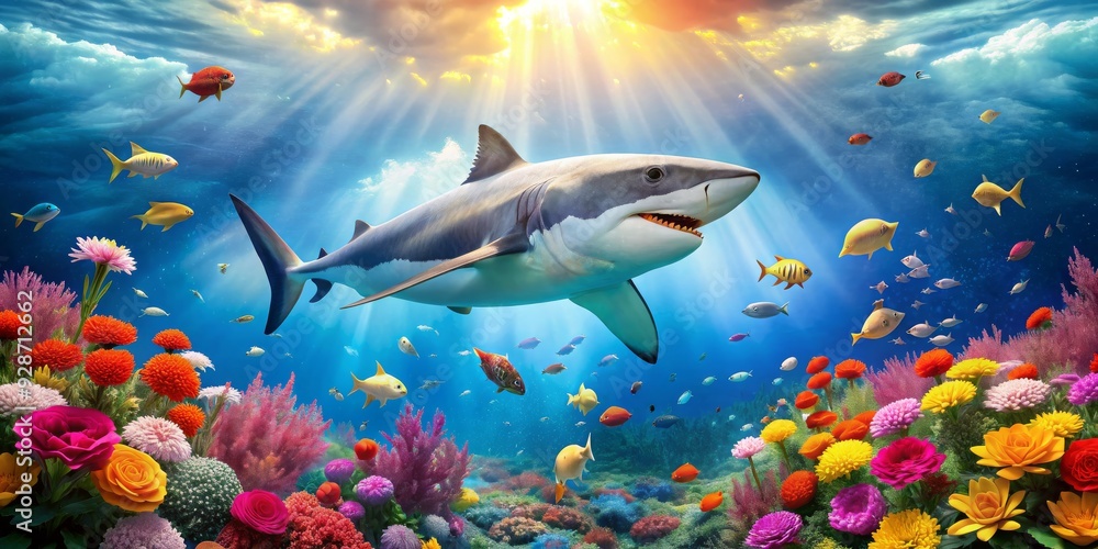 Fototapeta premium The Great White's Garden A Surreal Underwater Composition Featuring a Majestic Shark Surrounded by Colorful Flowers and Fish, Underwater Photography , Surreal Art , Digital Art , Photo Manipulation