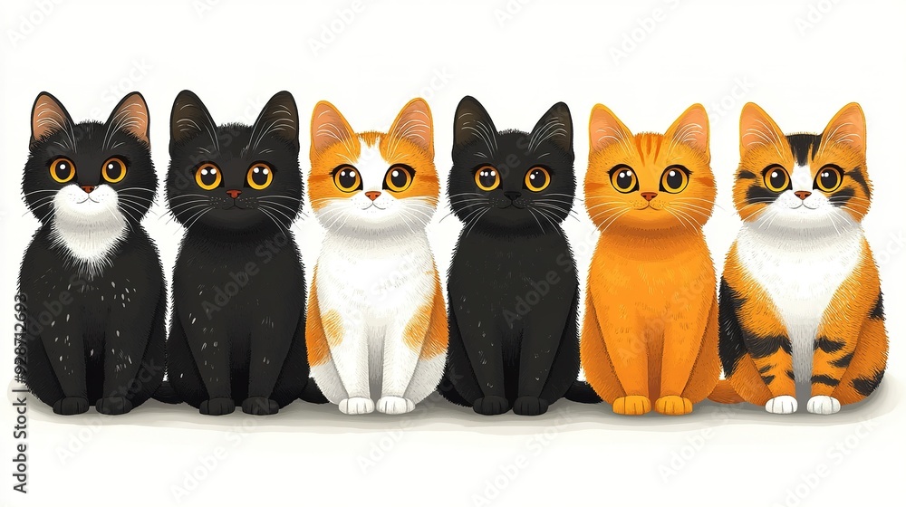 Six Cats Sitting in a Row with Different Fur Colors Six Cats Sitting in a Row with Different Fur Colors