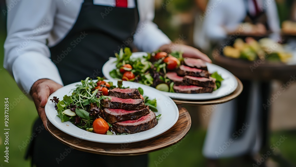 Waiter Serving Delicious Steak with Salad and Cherry Tomatoes on Wooden Platter Waiter Serving Delicious Steak with Salad and Cherry Tomatoes on Wooden Platter