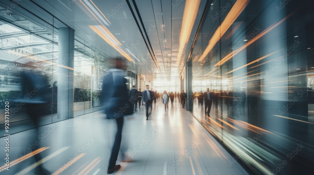 Fototapeta premium blur walking through a bright, contemporary office corridor, 