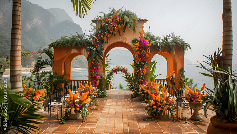There is a wedding ceremony setup on the beach with a view of the ocean
There is a wedding ceremony setup on the beach with a view of the ocean