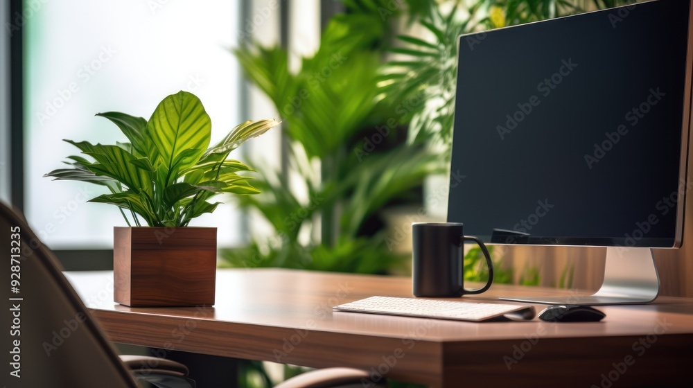 Fototapeta premium desktop computer on a polished wooden desk. 
