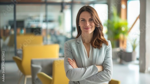 Confident businesswoman with crossed arms smiling in modern office, facing camera, embodying success in professional attire with sleek hairstyle.