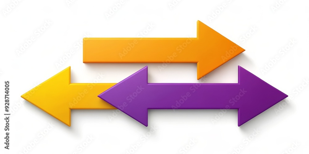 Two 3D Arrows Yellow and Purple, Direction and Choice, 3D Rendering, Arrow Design, Choice, Direction, Concept Two 3D Arrows Yellow and Purple, Direction and Choice, 3D Rendering, Arrow Design, Choice, Direction, Concept