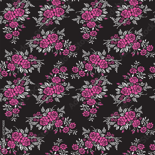 PrintA black and white floral pattern with purple flowers. photo