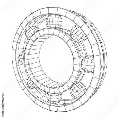 Roller bearing. Circular round rotating bearings used in industry for heavy equipment mechanical work and engineering. Wireframe low poly mesh vector illustration.