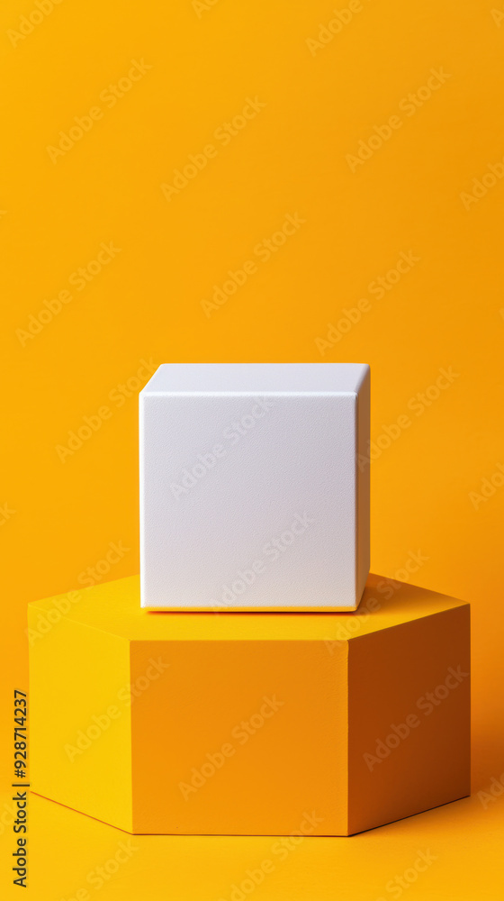 Minimalist white cube on a yellow hexagonal platform, vibrant color background, abstract geometric shapes, clean and modern design. Minimalist white cube on a yellow hexagonal platform, vibrant color background, abstract geometric shapes, clean and modern design.