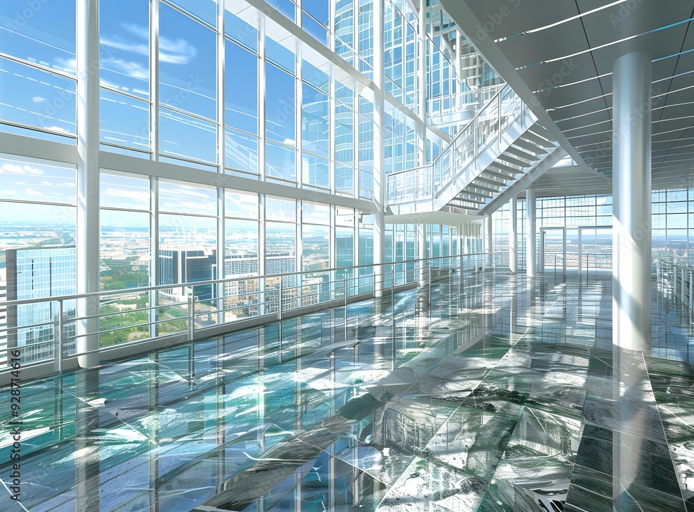 Modern Office Building Interior with Floor to Ceiling Windows Modern Office Building Interior with Floor to Ceiling Windows