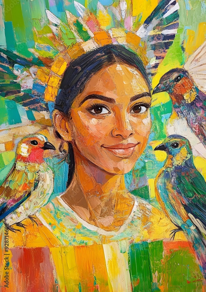 Fototapeta premium Woman with Birds, Oil Painting Art
