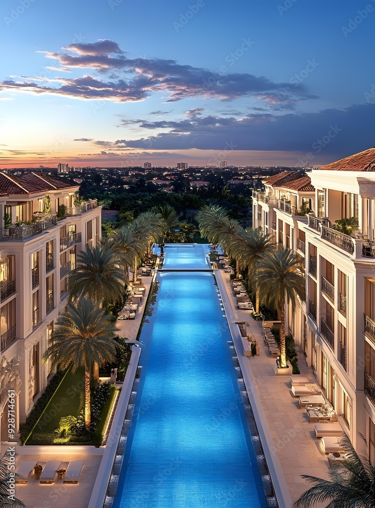 Fototapeta premium Luxury Resort with Long Pool and Palm Trees