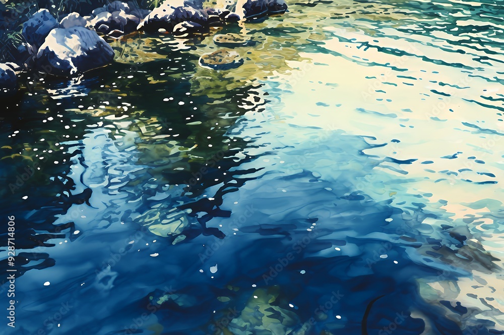 Close-up view of the rippling blue water surface with reflections of the sky and rocks. Close-up view of the rippling blue water surface with reflections of the sky and rocks.
