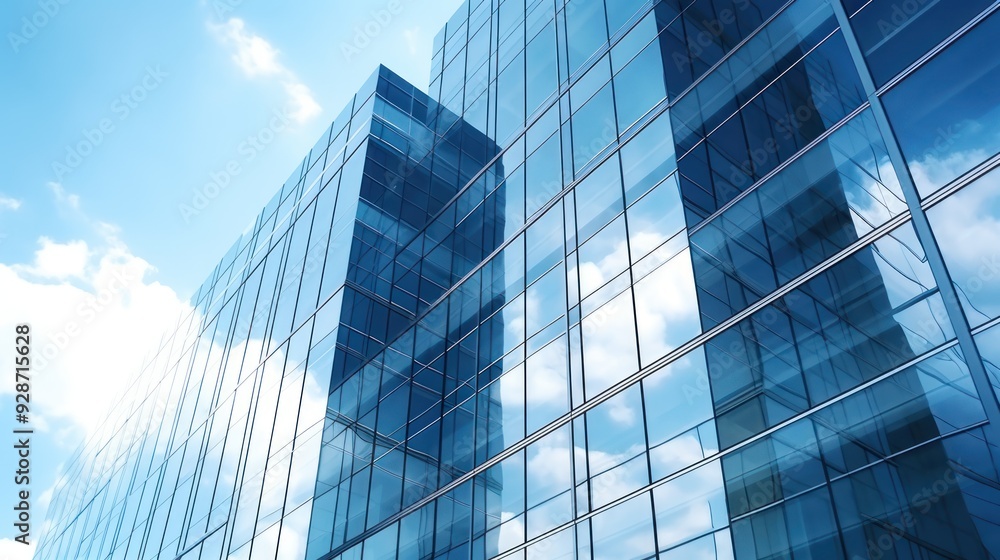 High-rise office building with a striking facade of reflective glass panels High-rise office building with a striking facade of reflective glass panels