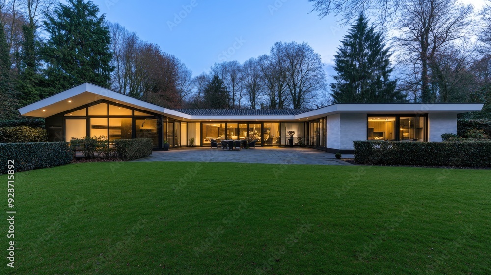 A contemporary home showcases expansive glass windows as twilight sets in, highlighting a stylish dining area on the terrace A contemporary home showcases expansive glass windows as twilight sets in, highlighting a stylish dining area on the terrace