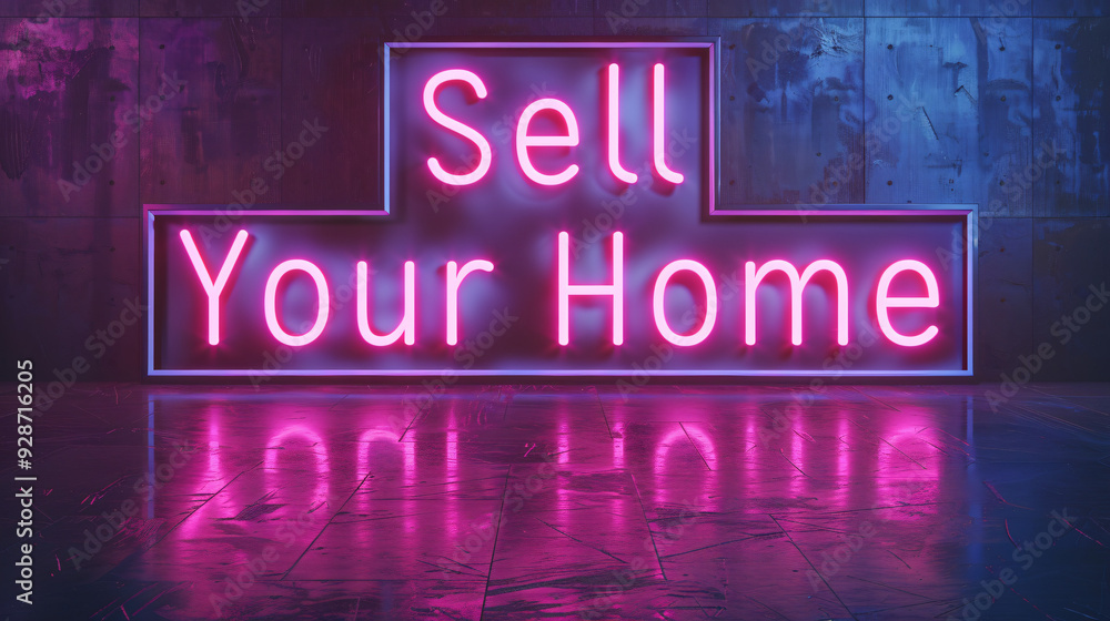 Vibrant and captivating atmosphere created by neon sign on purple concrete wall with words sell your home glowing Vibrant and captivating atmosphere created by neon sign on purple concrete wall with words sell your home glowing