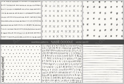 Hand drawn naive style seamless patterns with stripes, doodle daisies, hearts, triangles, oval scribbles, shapes in black on light background