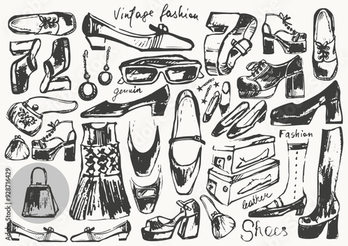 Hand drawn ink retro shoes illustration.