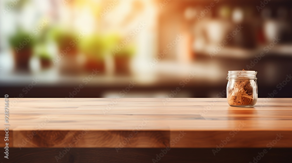 Glass Jar with Brown Material on Wooden Tabletop with Blurred Kitchen Background. Glass Jar with Brown Material on Wooden Tabletop with Blurred Kitchen Background.