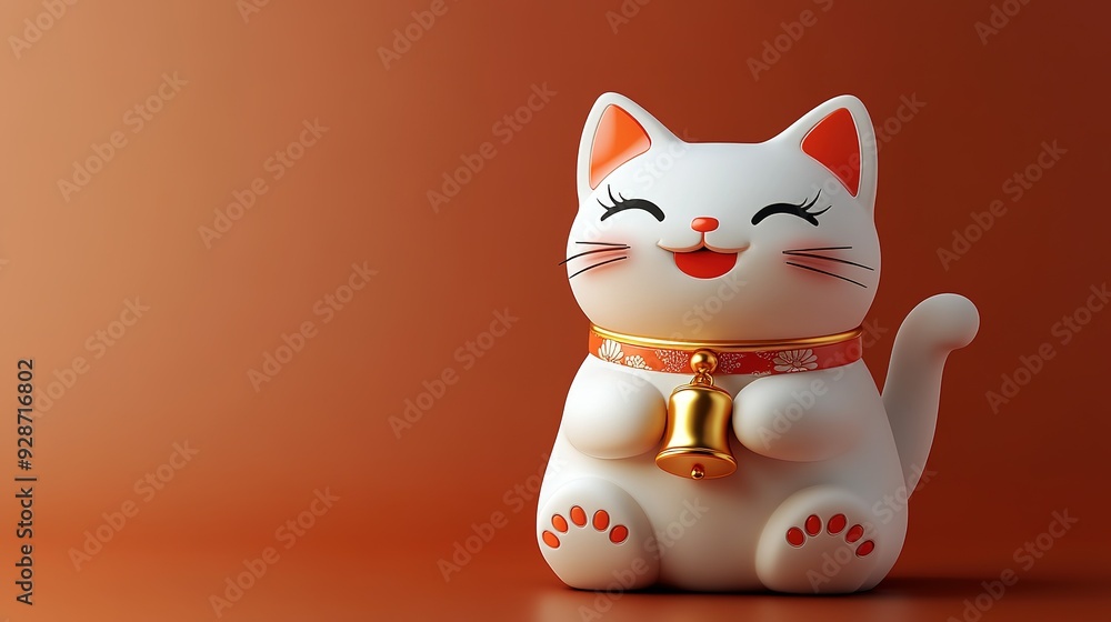 A White Maneki-Neko Lucky Cat Figurine with a Golden Bell A White Maneki-Neko Lucky Cat Figurine with a Golden Bell