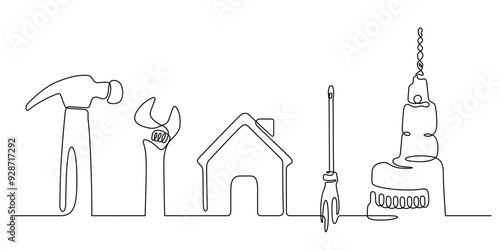 working tools craftsman top view continuous line drawing