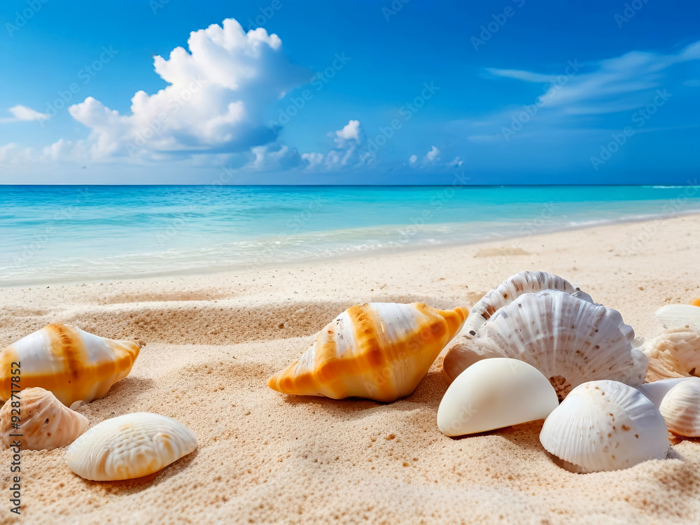 Tropical Beach with Seashells on Golden Sand Under a Bright Blue Sky Tropical Beach with Seashells on Golden Sand Under a Bright Blue Sky
