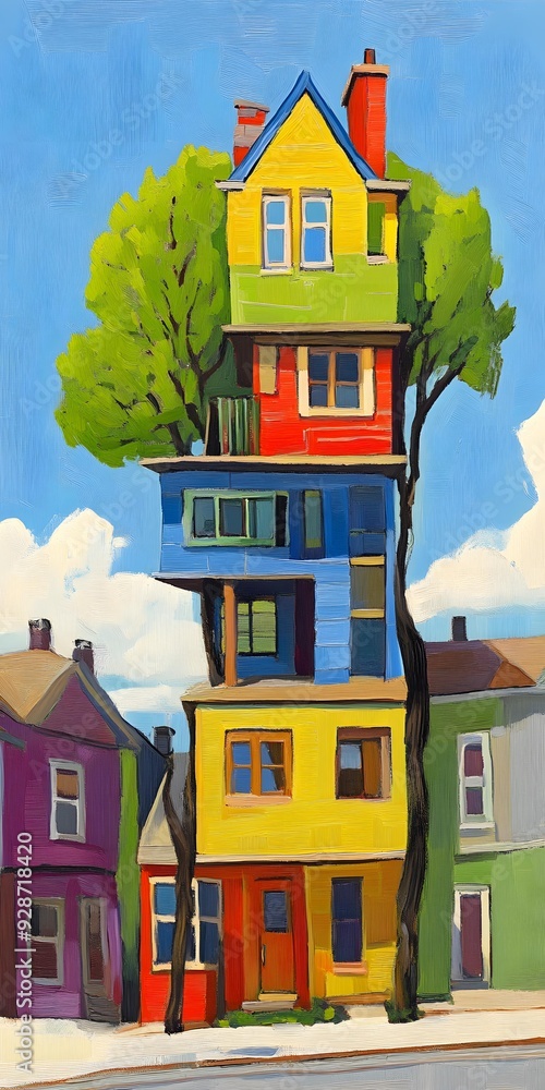 Colorful House Illustration with Tree Growing Through It Colorful House Illustration with Tree Growing Through It