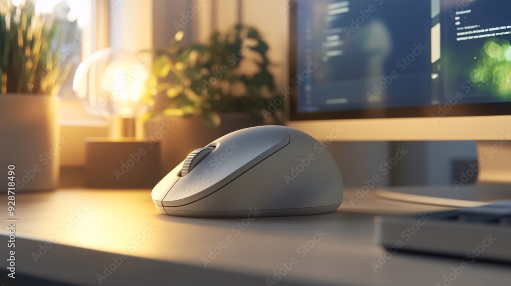 A close-up of an advanced ergonomic mouse positioned on a modern, clutter-free desk. The mouse features a sleek, contoured design with high-end materials, positioned next to a laptop or desktop A close-up of an advanced ergonomic mouse positioned on a modern, clutter-free desk. The mouse features a sleek, contoured design with high-end materials, positioned next to a laptop or desktop