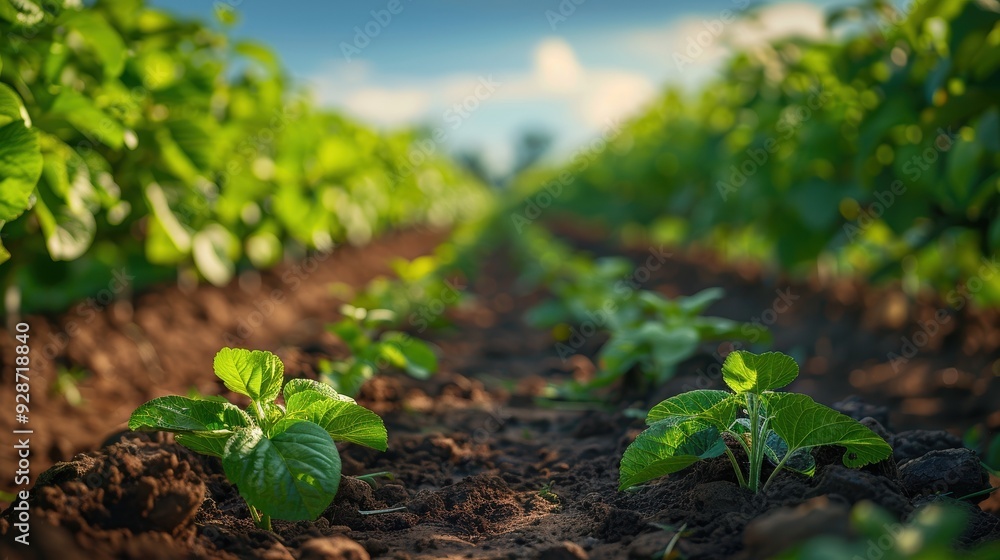 A close-up image capturing the vibrant greenery and rich soil of a flourishing agricultural field during a sunny day, highlighting the nurturing environment of young plant saplings in neat rows A close-up image capturing the vibrant greenery and rich soil of a flourishing agricultural field during a sunny day, highlighting the nurturing environment of young plant saplings in neat rows