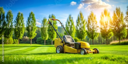 Yellow Lawn Mower in a Green Field with Trees in the Background, lawnmower , mowing, summer , yard