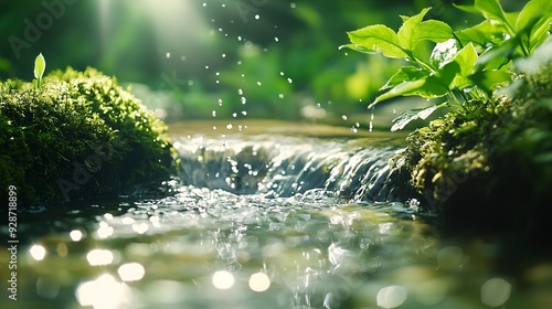 Water sustainability. Sustainable water source. World Water Day concept. Nature landscape of stream water. Freshwater protection and water conservation for a sustainable water source.