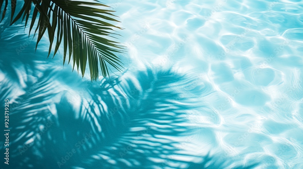 palm leaf shadow on blue water waves, vacation and beauty care with copy space palm leaf shadow on blue water waves, vacation and beauty care with copy space