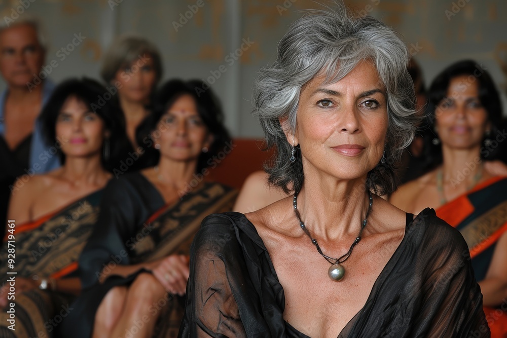 A gathering of elegantly dressed women with a central focus on a confident woman with gray hair, showcasing unity and diversity in a sophisticated setting A gathering of elegantly dressed women with a central focus on a confident woman with gray hair, showcasing unity and diversity in a sophisticated setting