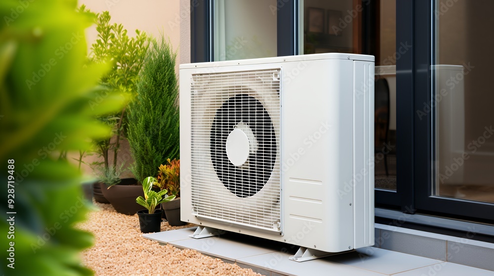 White air conditioner unit outside on a patio with plants and gravel. White air conditioner unit outside on a patio with plants and gravel.